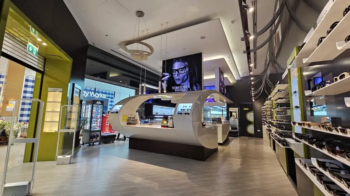Inside Lunettes: frame walls and lit display cabinets